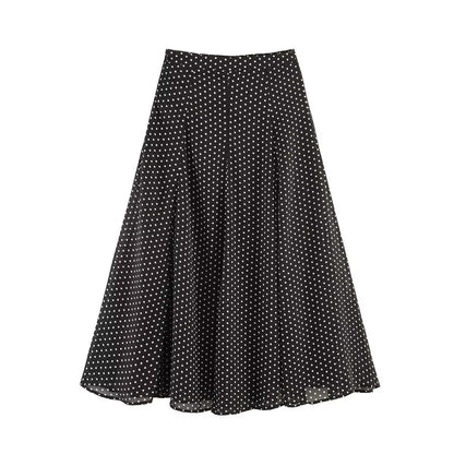 Women's Two-Piece Polka Dot Set with Stand Collar Blouse and Flared Midi Skirt Shop Velvia