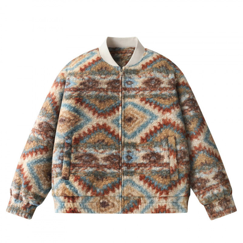 Unisex Boxy Fleece Bomber Jacket with Aztec Pattern and Zipper Shop Velvia