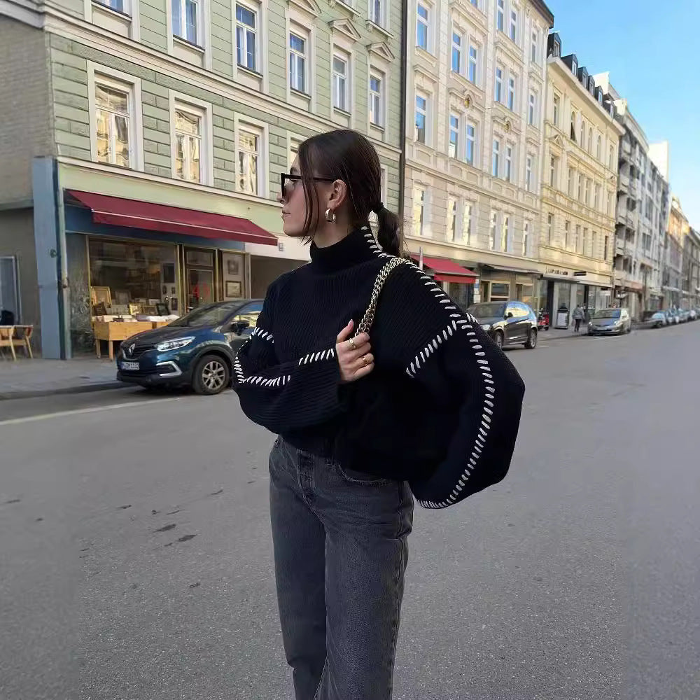 Women's Oversize Knit Sweater with Stand-up Collar and Decorative Stitch Sleeves Shop Velvia