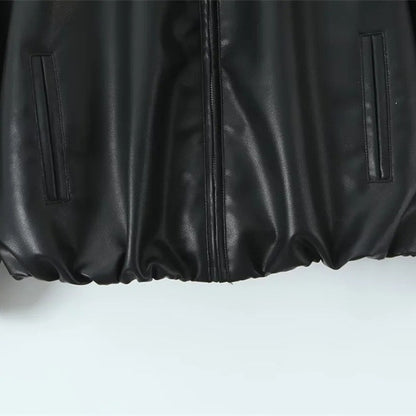 Women's Oversize Faux Leather Bomber with Shirt Collar, Concealed Zipper and Balloon Sleeves Shop Velvia