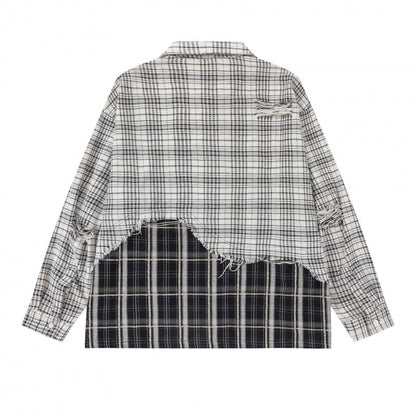 Unisex Oversize Check Shirt with Layered Look and Frayed Hem Shop Velvia