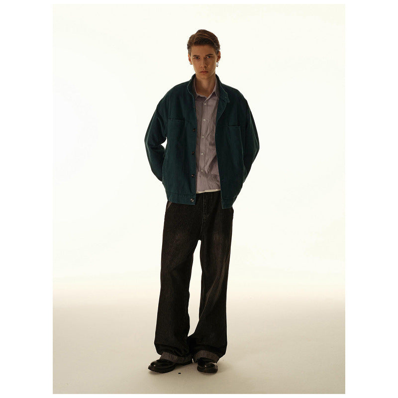Men's Loose Canvas Overshirt with Stand-Up Collar, Patch Pockets and Distinctive Stitching Details Shop Velvia