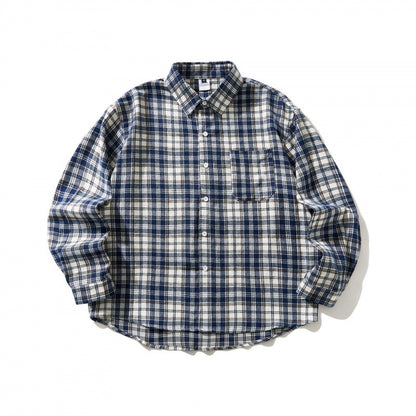 Unisex Oversized checked Flannel shirt jacket with chest pocket and rounded hem Shop Velvia