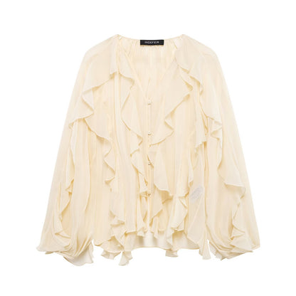 Women Voluminous Chiffon Blouse with Layered Ruffles and Button Placket Shop Velvia