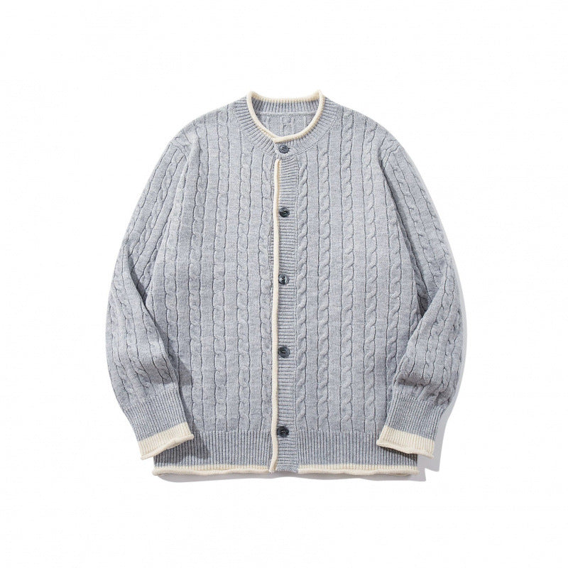 Unisex fine knit cardigan with cable pattern, round neck and contrast trim Shop Velvia