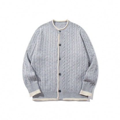 Unisex fine knit cardigan with cable pattern, round neck and contrast trim Shop Velvia