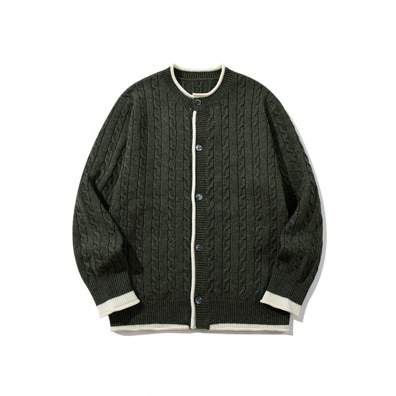 Unisex fine knit cardigan with cable pattern, round neck and contrast trim Shop Velvia