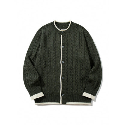 Unisex fine knit cardigan with cable pattern, round neck and contrast trim Shop Velvia