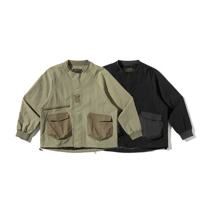 Unisex Lightweight Boxy Field Jacket without Collar with Raglan Sleeves, Patch Flap Pockets and Drawstring Shop Velvia