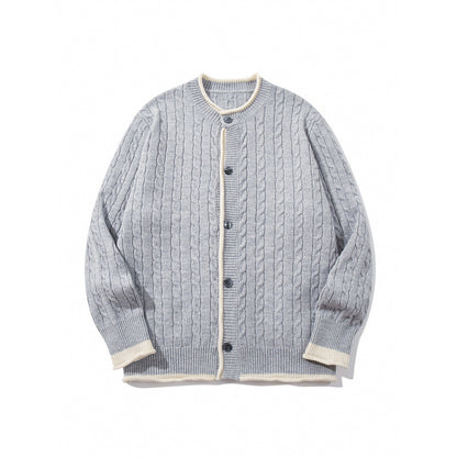 Unisex fine knit cardigan with cable pattern, round neck and contrast trim Shop Velvia