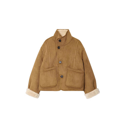 Women's Short Velour Jacket with Teddy Lining, High Stand-Up Collar and Patch Pockets Shop Velvia