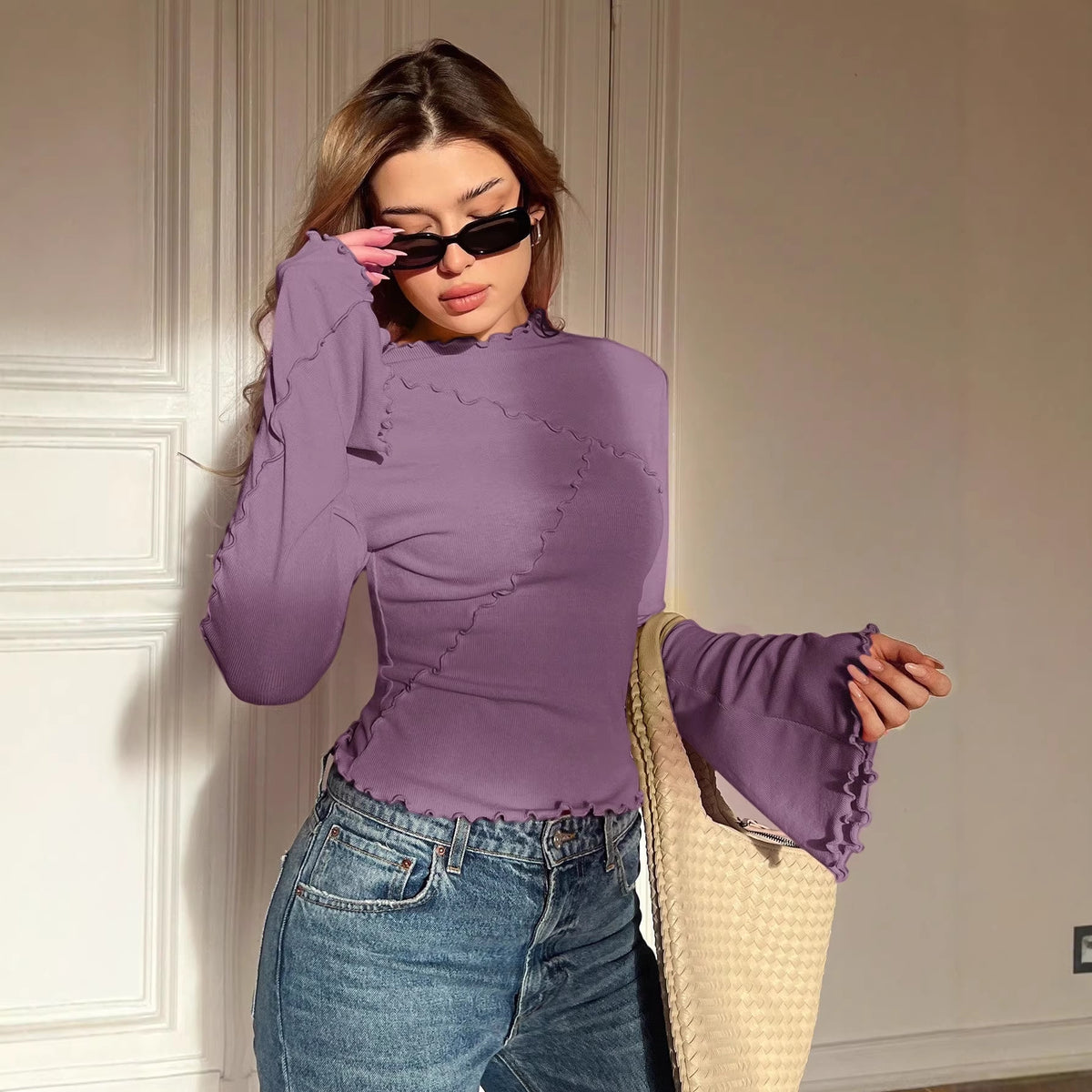 Ladies Fitted Ribbed Long Sleeve Shirt with Stand-up Collar and Ruffled Hem Shop Velvia