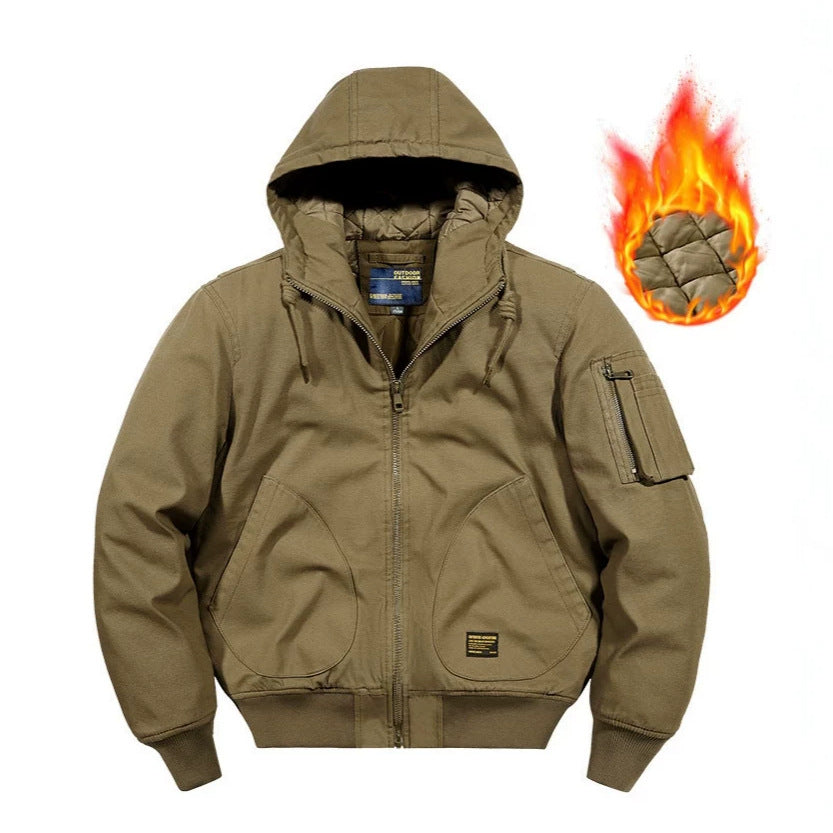 Men's hooded bomber jacket with quilted thermal lining and robust canvas outer material Shop Velvia
