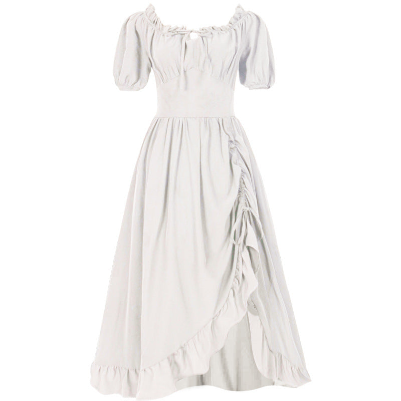 Women’s romantic maxi dress with off-the-shoulder neckline, puff sleeves, fitted bodice, and side ruching Shop Velvia
