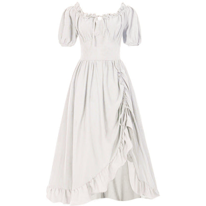 Women’s romantic maxi dress with off-the-shoulder neckline, puff sleeves, fitted bodice, and side ruching Shop Velvia