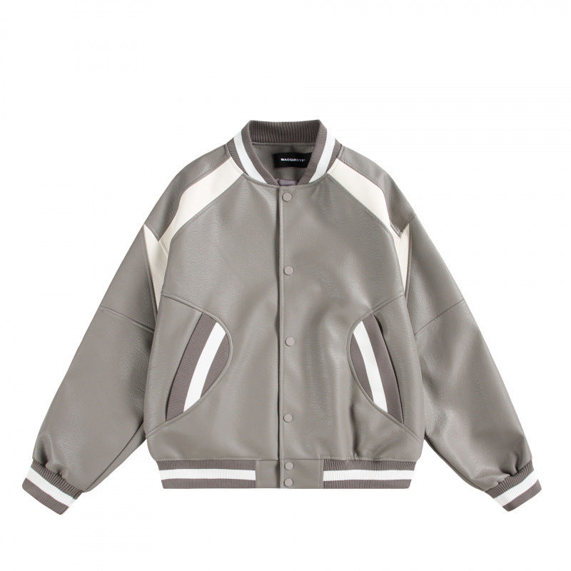 Unisex Boxy Oversized Faux Leather Bomber Jacket with Contrast Panels and Ribbed Cuffs Shop Velvia