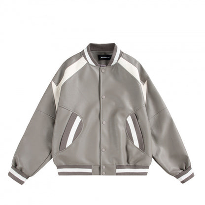 Unisex Boxy Oversized Faux Leather Bomber Jacket with Contrast Panels and Ribbed Cuffs Shop Velvia