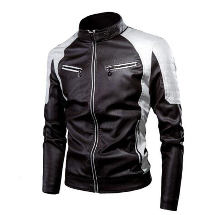 Men's Slim Fit Motorcycle Faux Leather Jacket with Contrast Panels, Quilted Shoulders and Zipper Pockets Shop Velvia