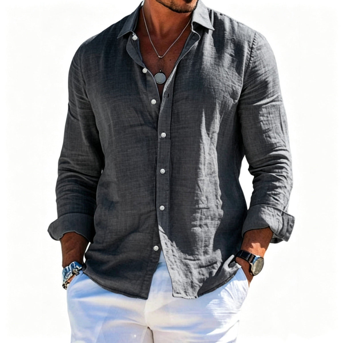 Men's structured linen shirt with open collar, lightweight texture and casual-tailored fit Shop Velvia