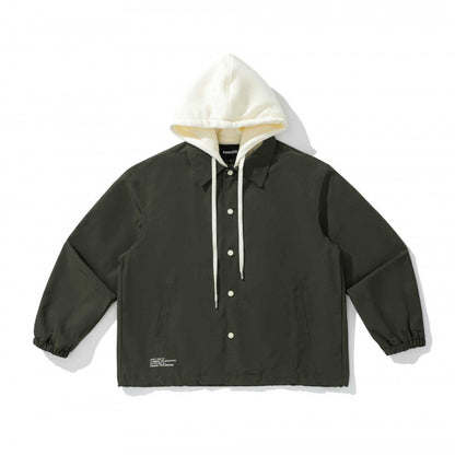 Unisex Two-Layer Overshirt Jacket with Attached Fleece Hood and Snap Button Placket Shop Velvia