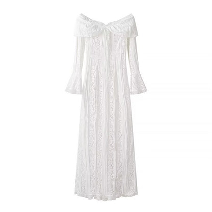Ladies maxi dress made of lace with off-shoulder Carmen neckline and bell sleeves Shop Velvia