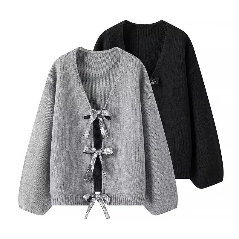 Women's Oversized Knit Cardigan with V-Neck and Sequin Bows Shop Velvia
