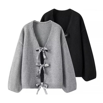 Women's Oversized Knit Cardigan with V-Neck and Sequin Bows Shop Velvia