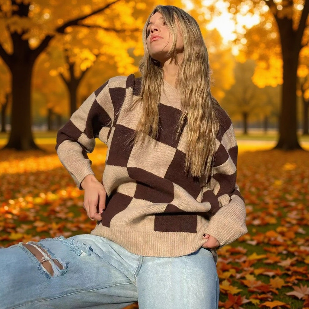 Women's Oversize Knitted Sweater with Distinctive Check Pattern and Ribbed Finishes Shop Velvia