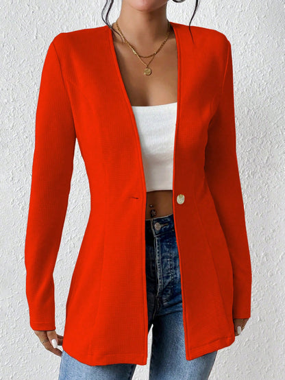 Ladies Tailored Long Blazer with V-Neck and One-Button Closure Shop Velvia