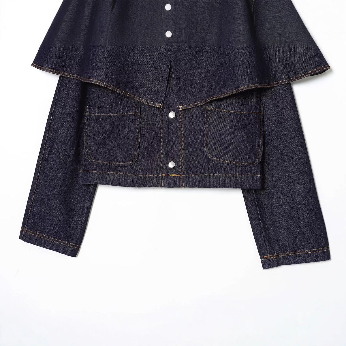Women's Short Jeans Jacket with Cape Insert, Flap Pockets and Snap Buttons Shop Velvia