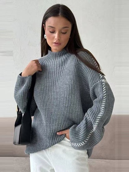 Women's Oversize Knit Sweater with Stand-up Collar and Decorative Stitch Sleeves Shop Velvia
