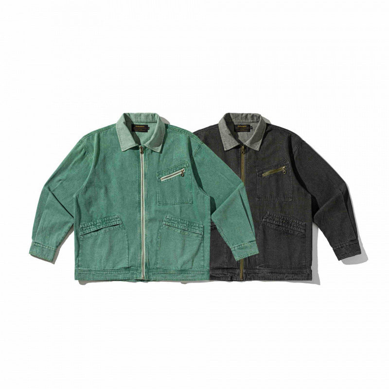 Unisex Boxy Overshirt Jacket made of washed denim with front zipper and multiple pockets Shop Velvia
