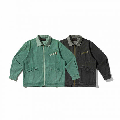 Unisex Boxy Overshirt Jacket made of washed denim with front zipper and multiple pockets Shop Velvia