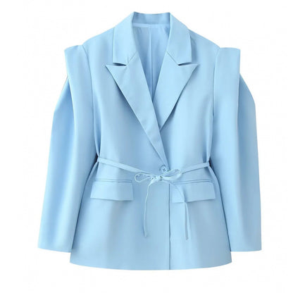Women Tailored Blazer with Delicate Tie Waist, Emphasized Shoulder Area and Flap Pockets Shop Velvia
