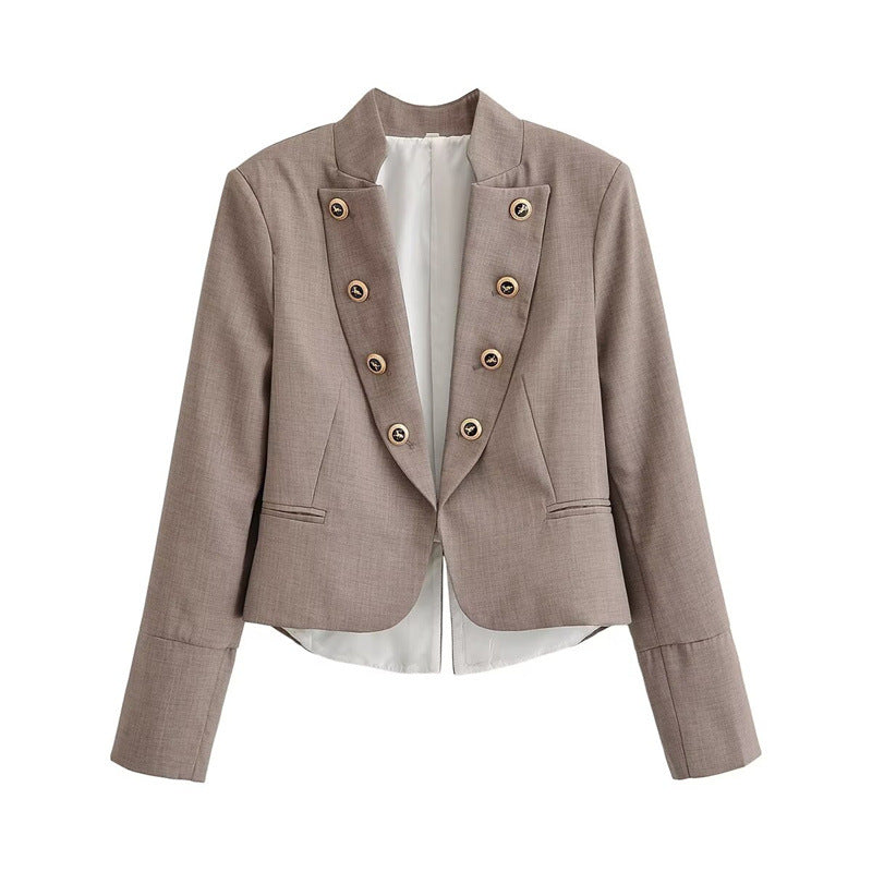 Women's Tailored Short Blazer with Decorative Double Button Placket and Shaped Hem Shop Velvia