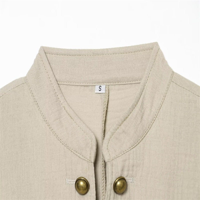 Women Boxy Linen Blazer with Stand Collar, Decorative Button Placket and Patch Pockets Shop Velvia