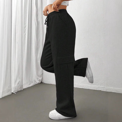 Ladies cargo jogging pants with high elastic waistband, drawstring, and wide leg Shop Velvia