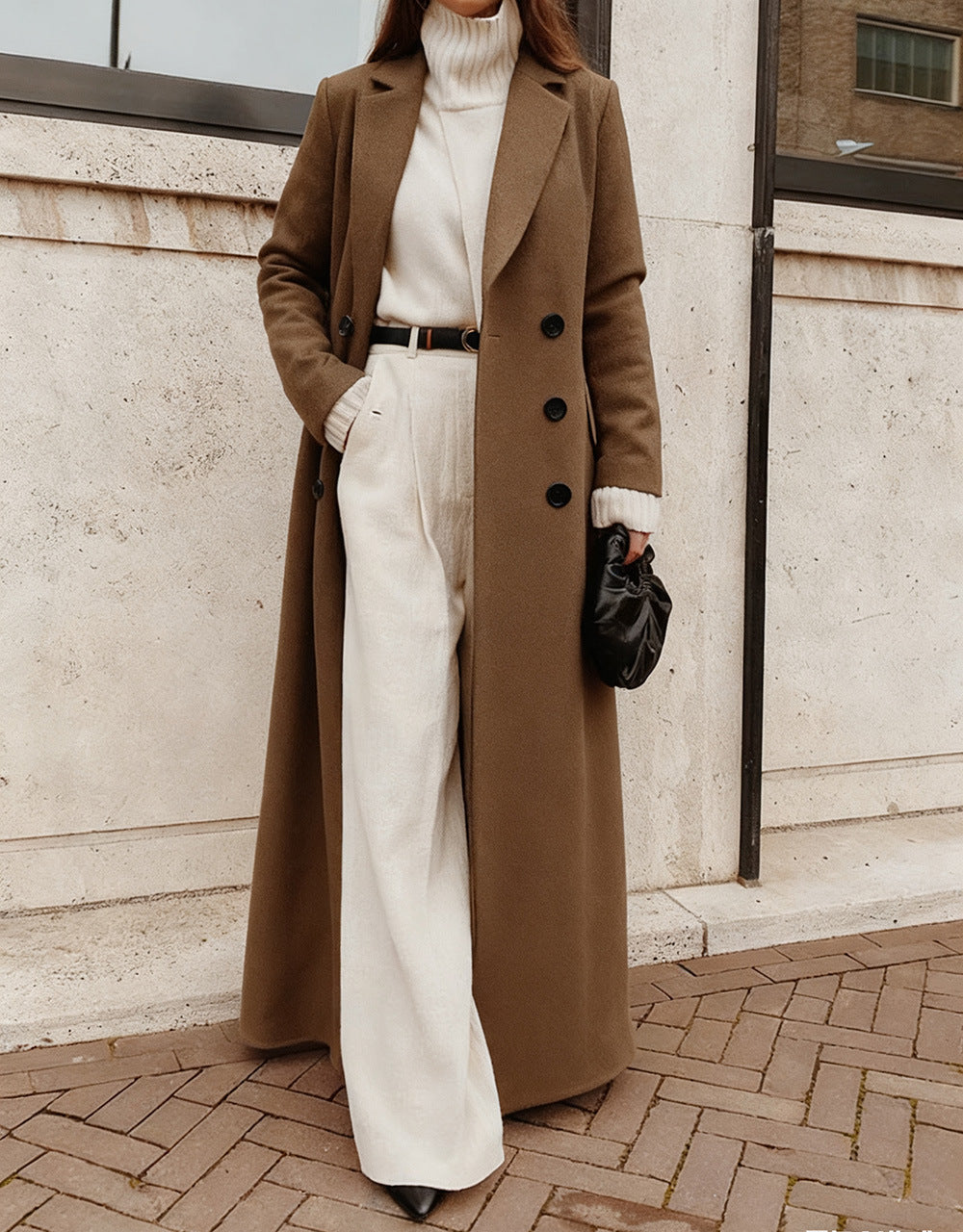 Women Elegant Wool Coat with Double Button Placket and Deep Pockets Shop Velvia