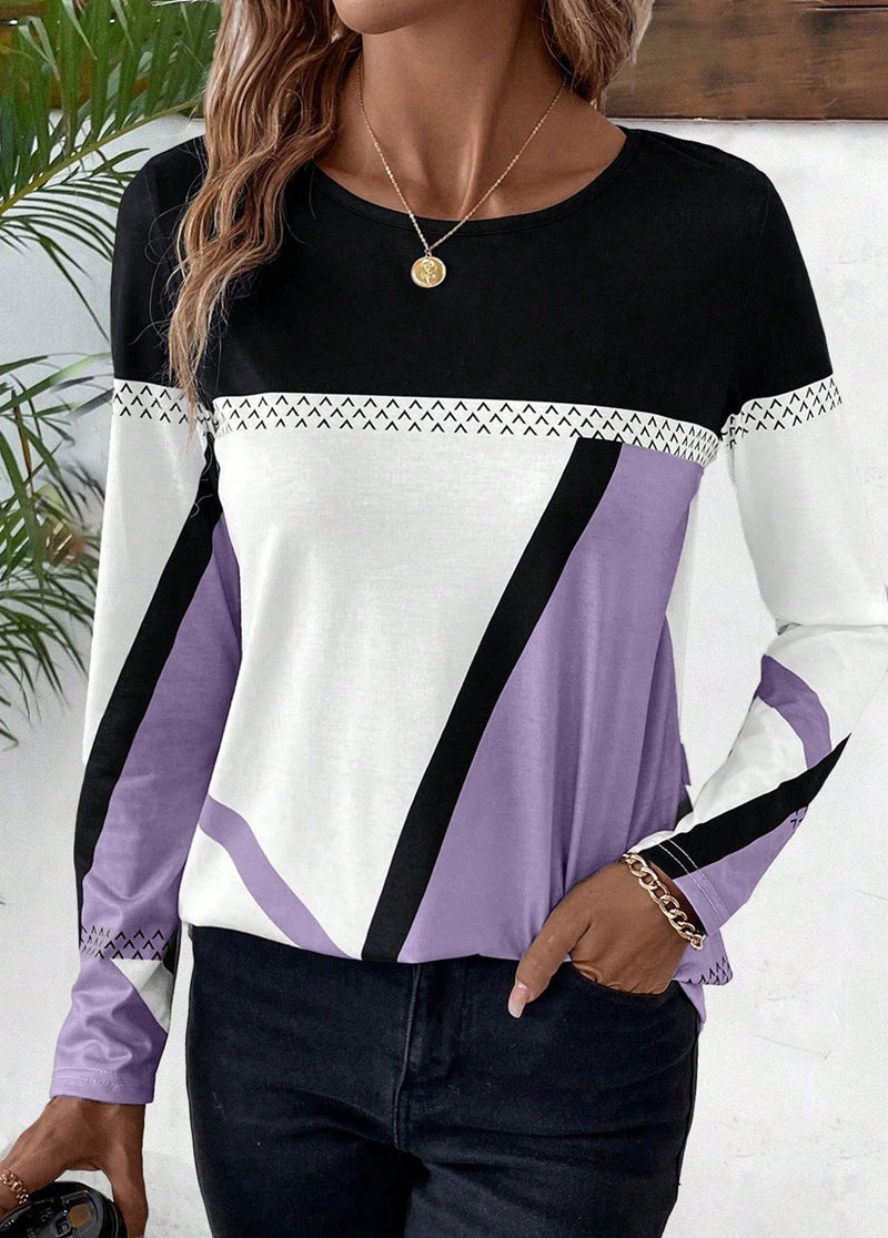 Women's Long Sleeve Shirt with Graphic Colorblock Design and Round Neck Shop Velvia