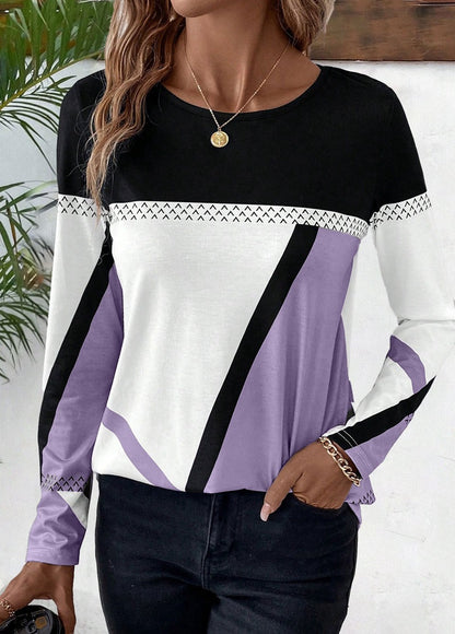 Women's Long Sleeve Shirt with Graphic Colorblock Design and Round Neck Shop Velvia
