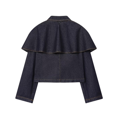 Women's Short Jeans Jacket with Cape Insert, Flap Pockets and Snap Buttons Shop Velvia