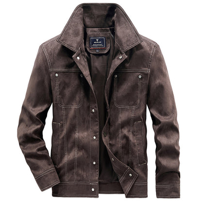 Men's suede trucker jacket with snap buttons and contrast stitching Shop Velvia