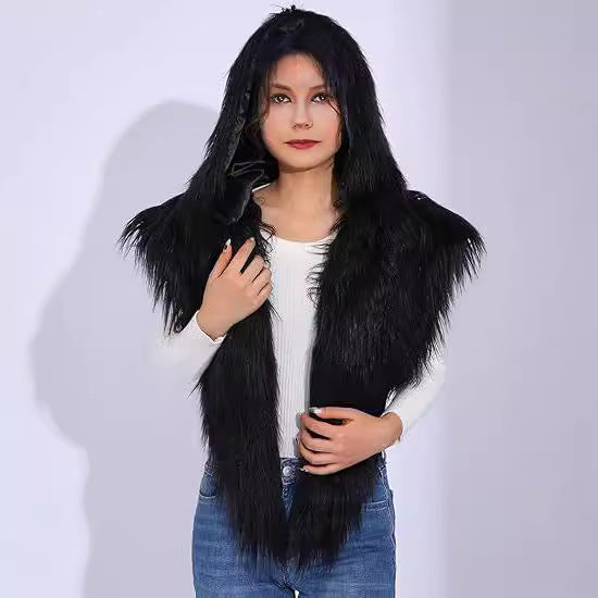 Women’s hooded scarf vest made of long-haired artificial fur Shop Velvia