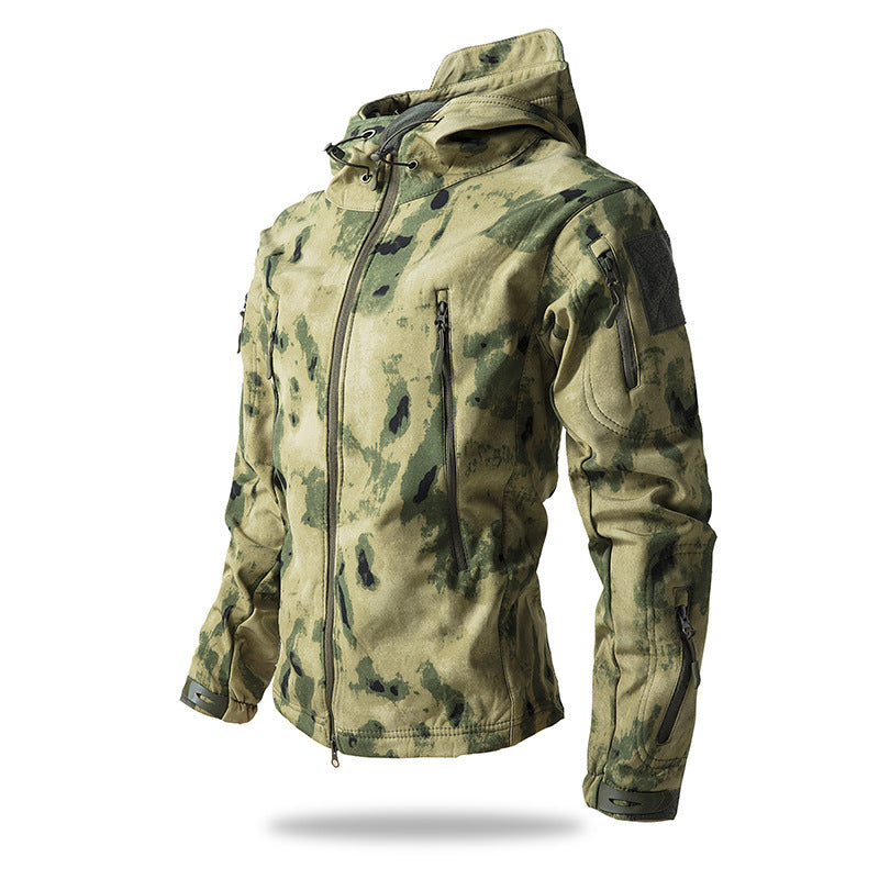 Men's Tactical Softshell Jacket with Hood, Camouflage Pattern and Multiple Zipper Pockets Shop Velvia