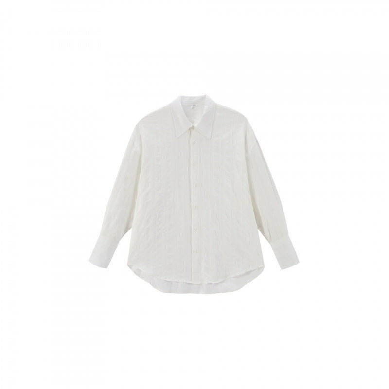 Unisex Oversize Linen Blend Shirt with Textured Stripes, Kent Collar and Rounded Hem Shop Velvia