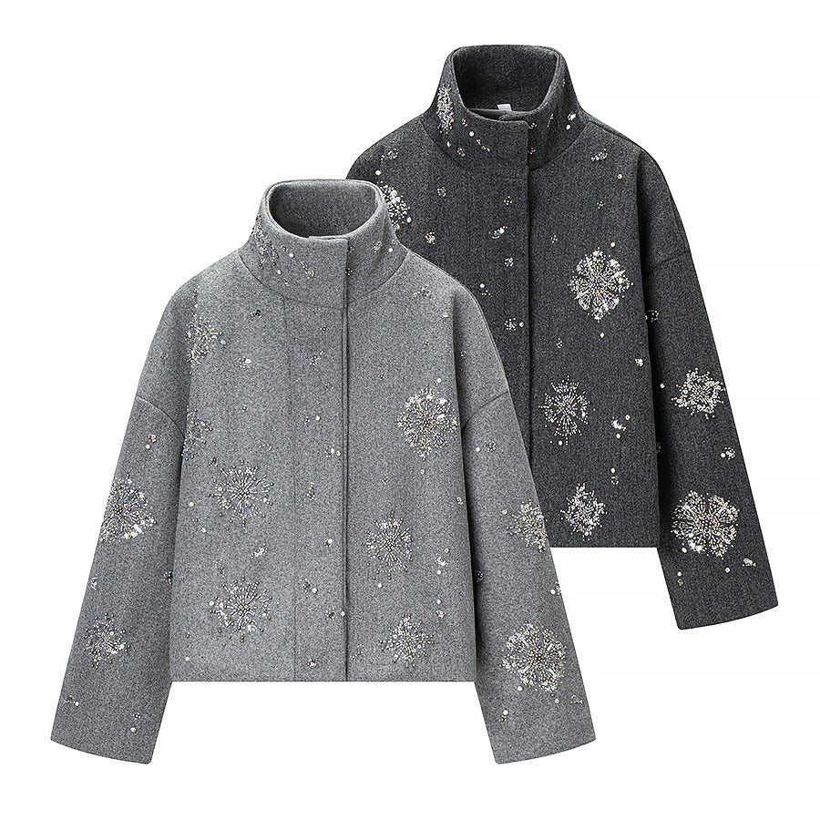 Women's Short Embroidered Wool Blend Boxy Coat with Stand Collar Shop Velvia