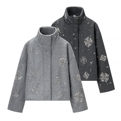 Women's Short Embroidered Wool Blend Boxy Coat with Stand Collar Shop Velvia