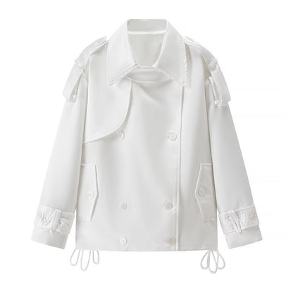 Women Short Boxy Double-breasted Trench with Drawstring and Decorative Shoulder Straps Shop Velvia