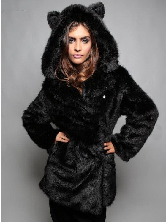 Women's Short Hooded Jacket made of vegan high-pile synthetic fur with cat ears and tailored silhouette Shop Velvia
