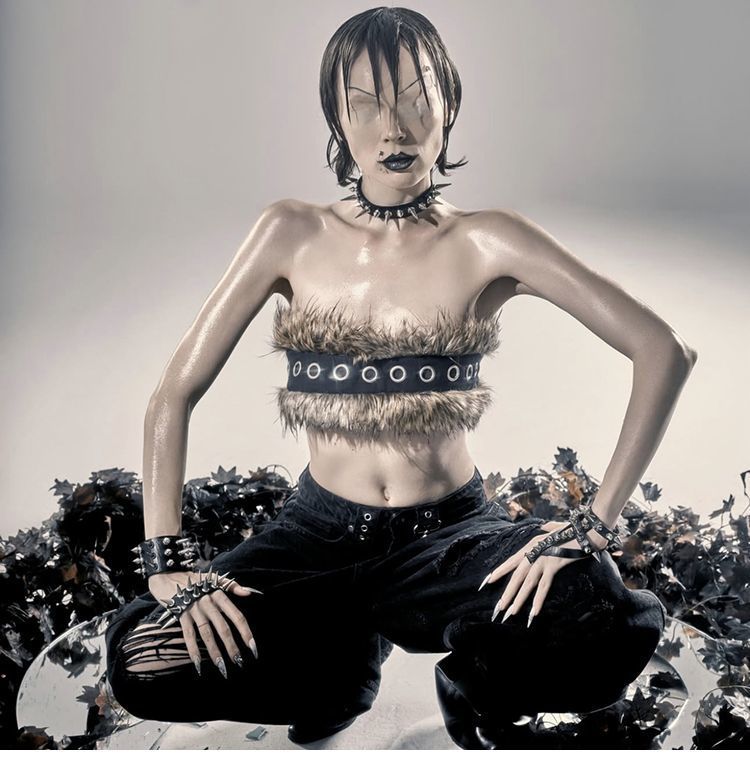 Women Cropped Bandeau Top with Faux Fur Trim, Grommet Leather Strap and Gothic-Punk Details Shop Velvia